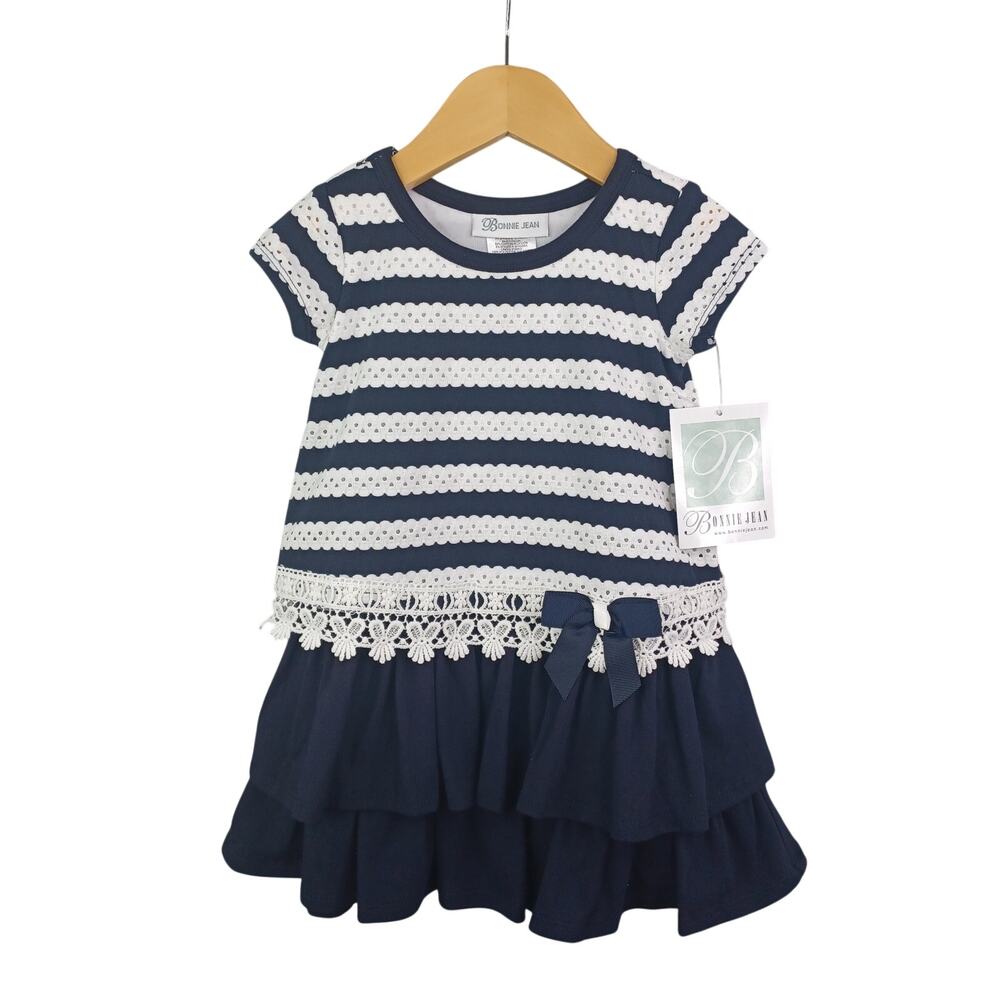 Bonnie Jean Girls Eyelet Lace Tiered Ruffle Knit Dress Size 2T Navy White Stripe